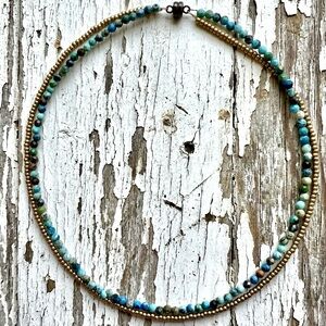 Double Strand Semi Precious Turquoise & Matte Gold Tone Choker Style Necklace